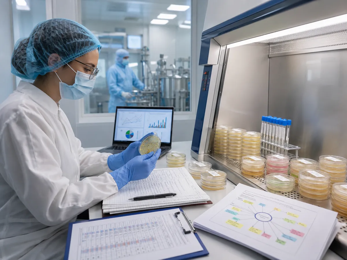 Área limpia farmacéutica con monitoreo ambiental activo para control microbiológico en manufactura aséptica
