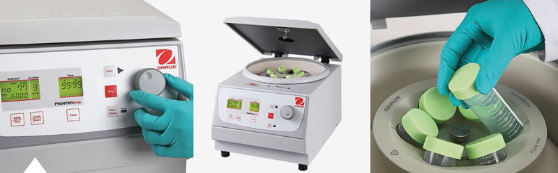 Centrífugas OHAUS Frontier 5000 — detalle de panel de control LCD y rotores disponibles