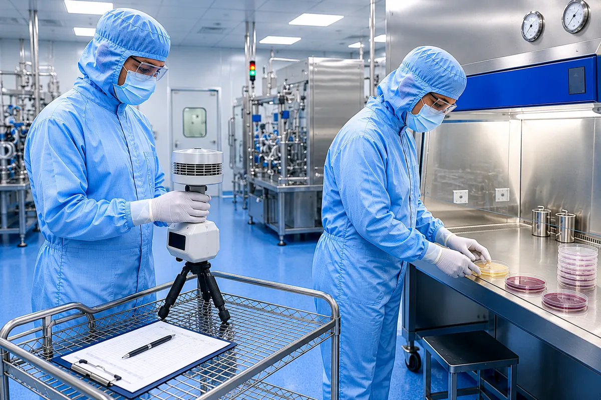 Laboratorio de microbiología farmacéutica aplicando buenas prácticas de técnica aséptica y trazabilidad de datos