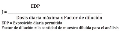 Fórmula del valor J para cálculo de límite analítico máximo según USP 232/2232: J = EDP / (dosis diaria máxima × factor de dilución)