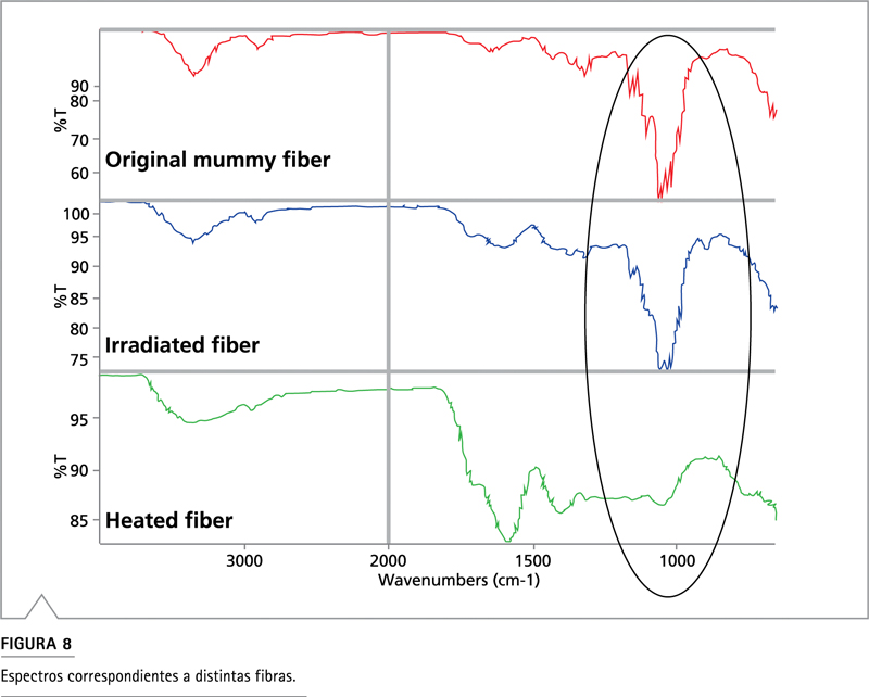 Análisis FT-IR Nicolet iN10: comparación de espectros de fibra momificada vs UV/temperatura en rango 1000-1300 cm−1