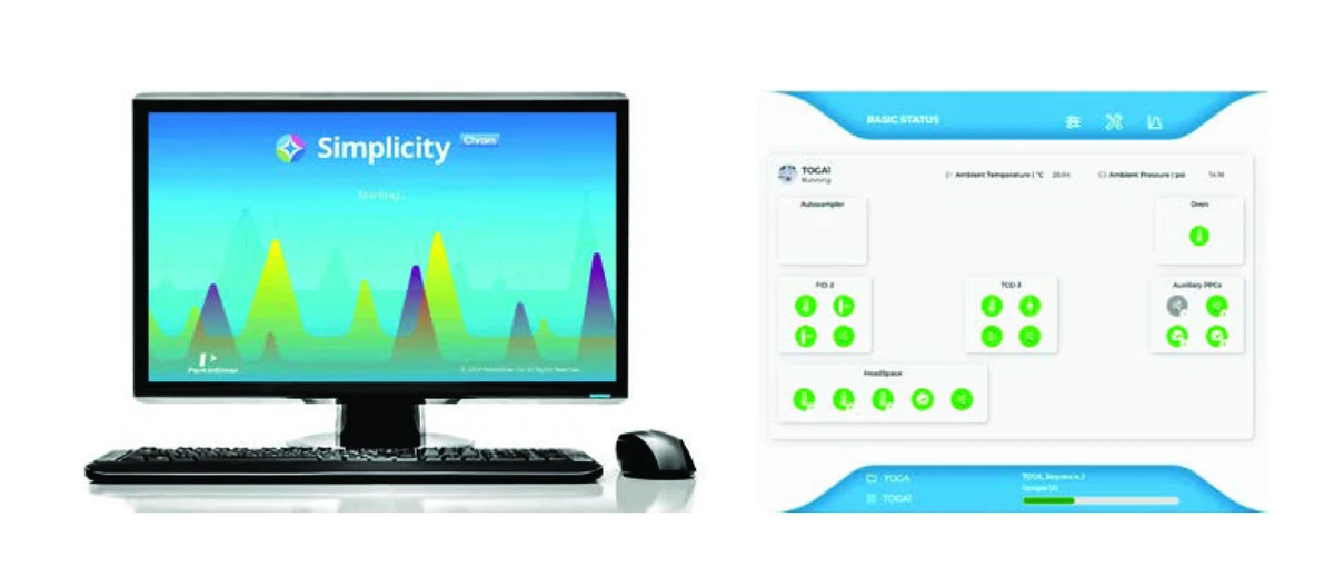 Monitor con el software SimplicityChrom junto a la vista del flujo de trabajo de un método TOGA