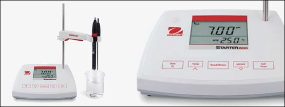 Medidor de pH de mesa OHAUS Starter 2100 con soporte de electrodo integrado y rango 0-14 pH
