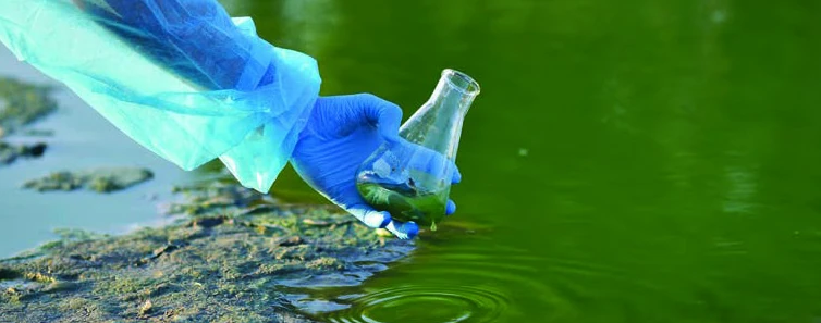 Persona con guantes y bata tomando una muestra de agua con un matraz