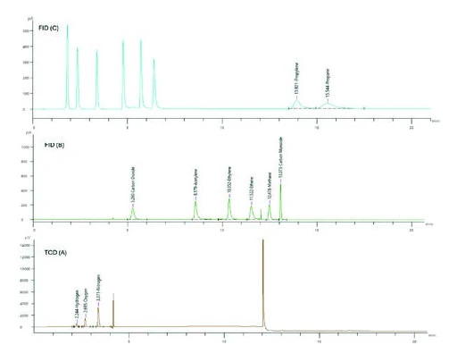 Cromatogramas de una mezcla estándar de aceite TOGA con canales FID y TCD