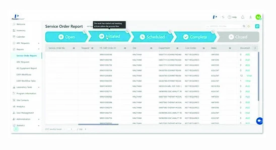 Captura de pantalla de OneSource Digital con el informe de órdenes de servicio y su estado