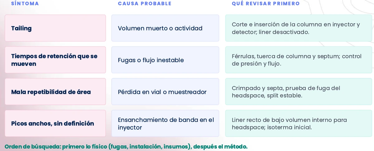 Revisión de conexiones, columna y línea de transferencia de un equipo de GC para detectar fugas y volumen muerto