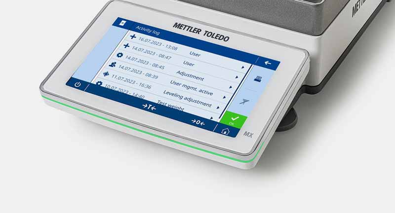 Pantalla de balanza METTLER TOLEDO con menú de gestión de usuarios