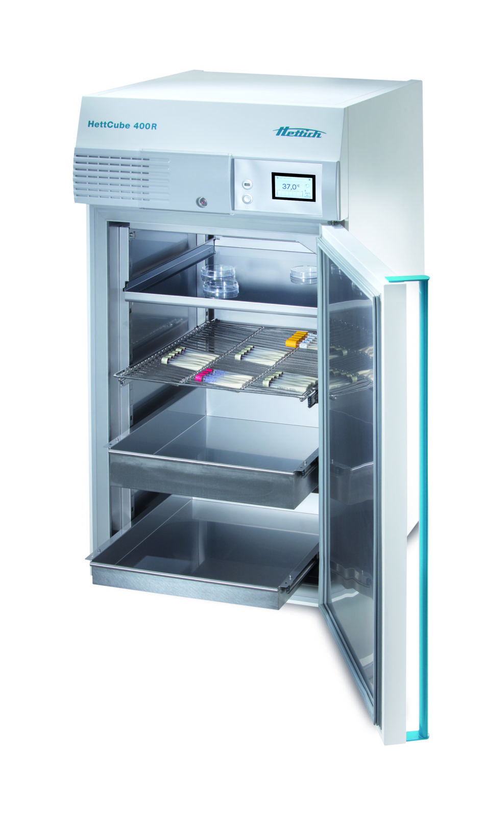 Incubadora HettCube 400R abierta mostrando gavetas interiores de acero inoxidable