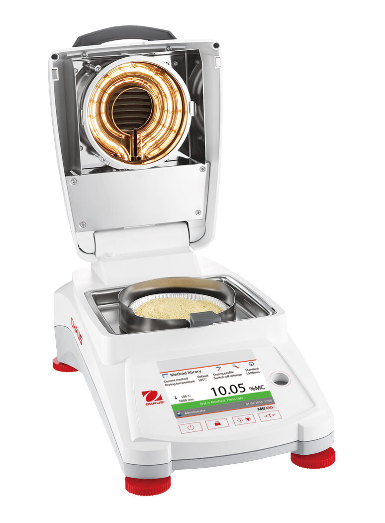 Analizador de humedad OHAUS MB120 con pantalla táctil y fuente de calor halógena