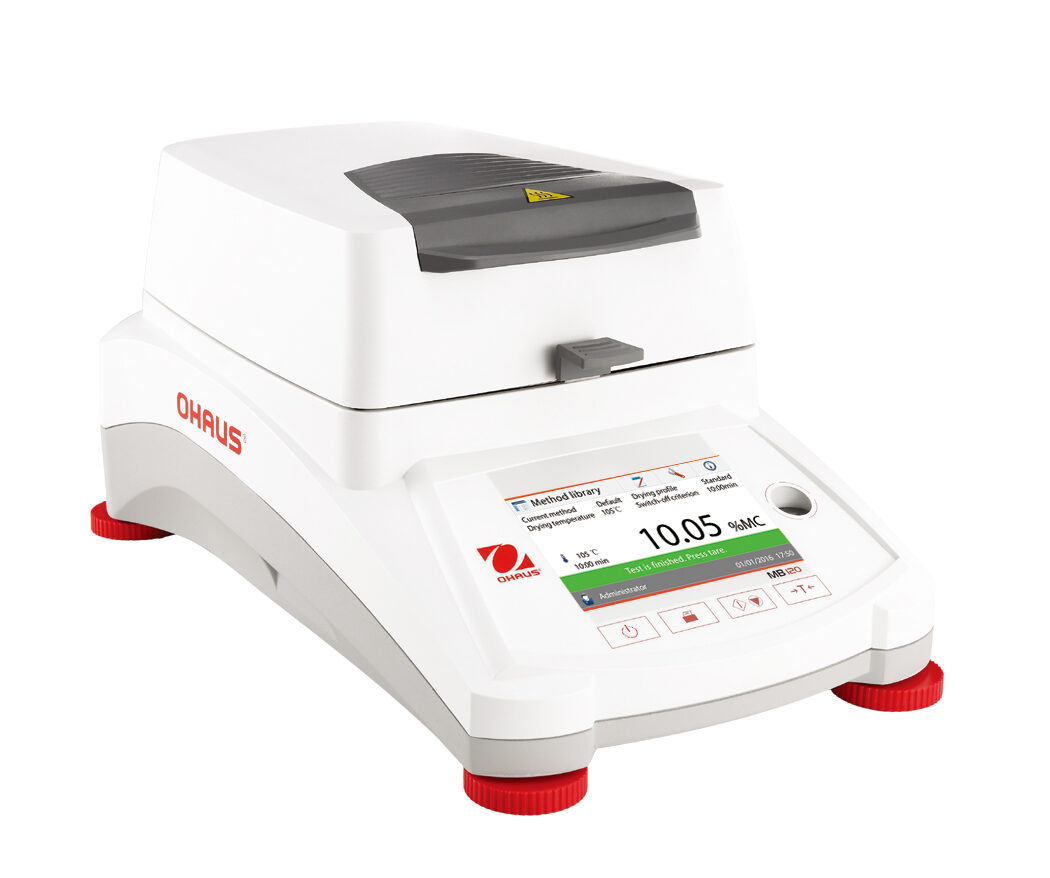 Vista lateral del OHAUS MB120 mostrando cámara de muestra halógena desmontable