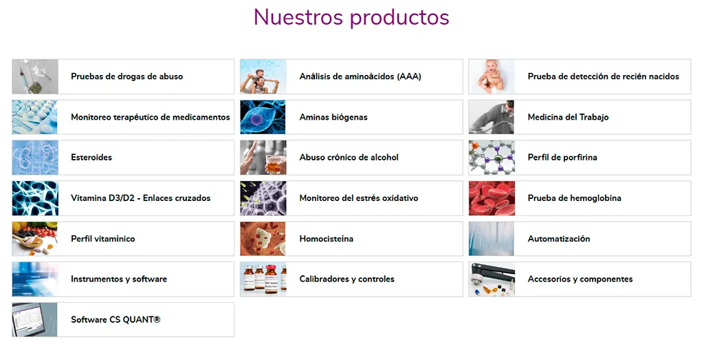 Cuadroweb de Chromsystems mostrando compuestos y controles para diagnóstico clínico