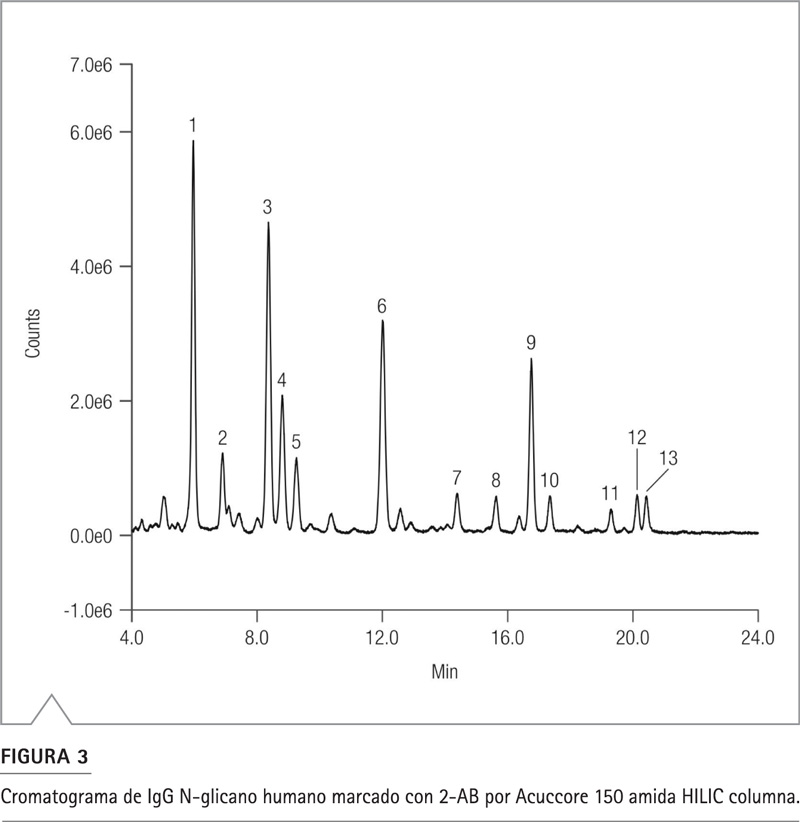 Figura 3: Cromatograma N-glicanos IgG humano 2-AB 13 componentes Accucore HILIC Vanquish UHPLC 22 min