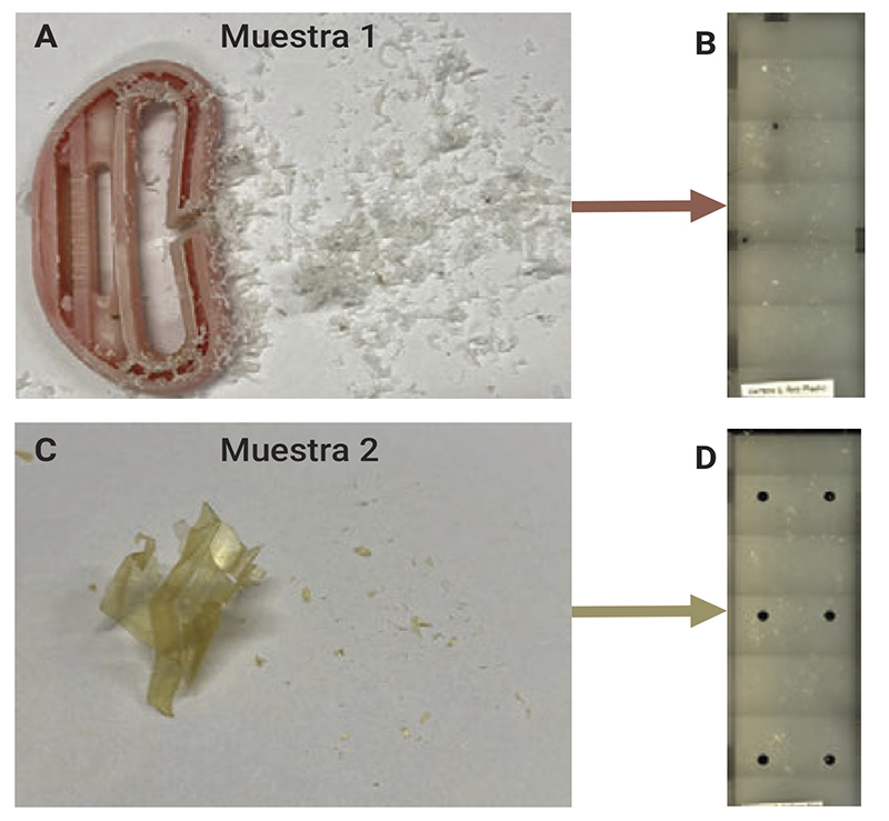 Microplásticos de playa transferidos a portaobjetos reflectantes para análisis LDIR Agilent 8700