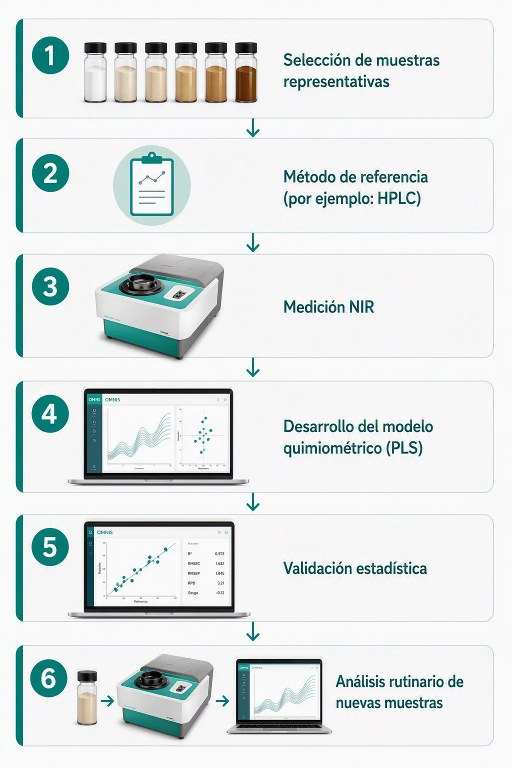 Infografía de los 6 pasos para desarrollar un modelo NIR: muestras, método de referencia, medición, modelo PLS, validación y análisis rutinario