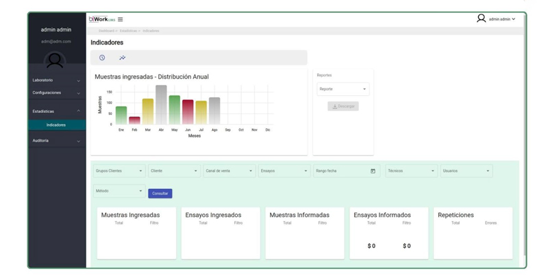 Interfaz del sistema LIMS Biwork para gestión de muestras e informes en laboratorio