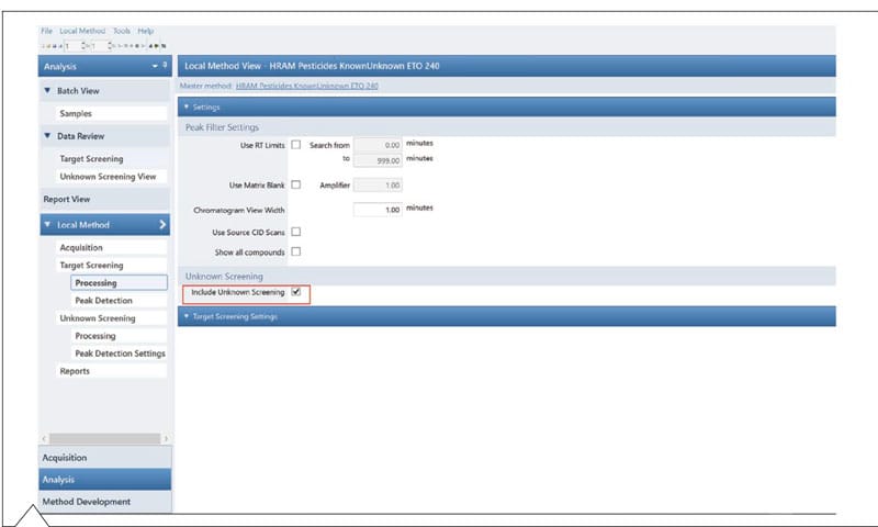 Figura 3: configuración del software TraceFinder para flujo de trabajo de detección conocido y desconocido