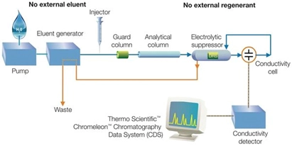 Diagrama esquemático del flujo de eluyente en sistema RFIC-EG con columna trampa CR-TC