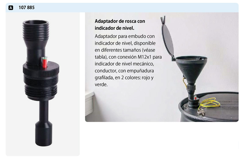 Variantes colores adaptador rosca indicador nivel