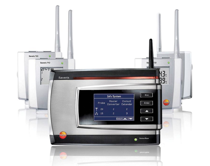Pantalla del software testo Saveris mostrando registro continuo de temperatura y humedad en almacén farmacéutico